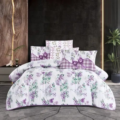 مفرش صيفي غيداء مزدوج 6 قطع وجهين مشجر و سادة موف