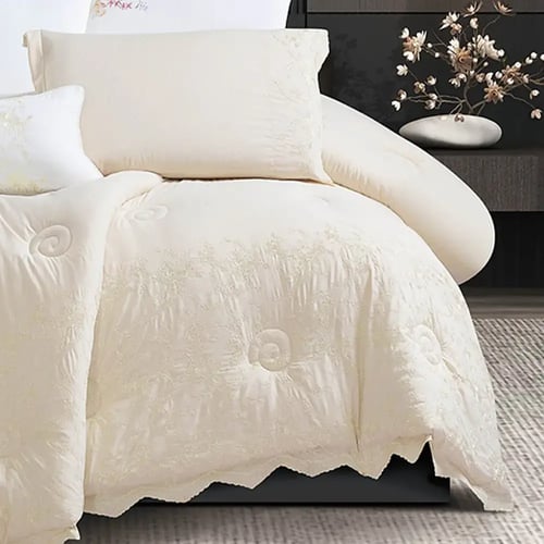 مفرش سرير جمان صيفي مطرز مزدوج 7 قطع - بيج فاتح