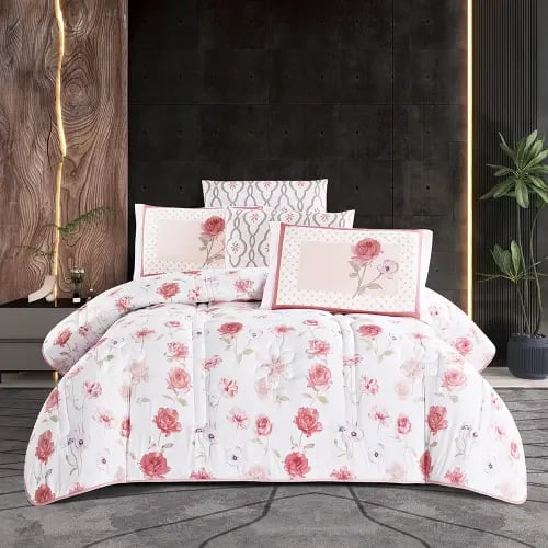 مفرش صيفي غيداء مزدوج 6 قطع وجهين مشجر و سادة وردي