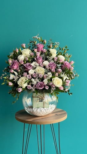 فازة زجاج مع ورد وشوكلت باتشي 250غرام