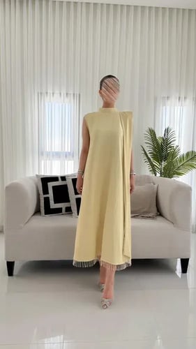 فستان ميدي كريب اسباني بهدب كريستال بألوان الباستي...