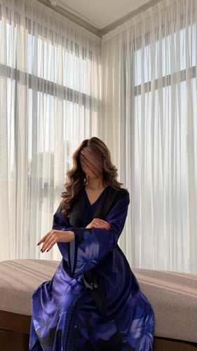 جلابية بلون ازرق مموج من الاطراف وحزام ربط