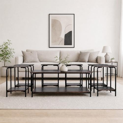 Set of 7 service tables, 2 levels, wooden, with a metal frame, brown