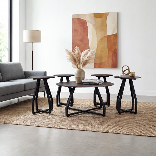 A set of 5 wooden serving tables with a brown metal frame
