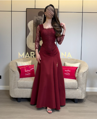 (فستان بيسو (فستان برغندي صدريه دانتيل فرنسي وبارب...