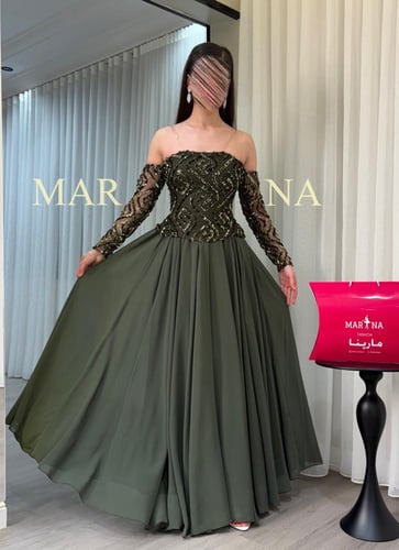 فستان قموري (فستان زيتي صدريه شك ترتر وجورجيت دبل...