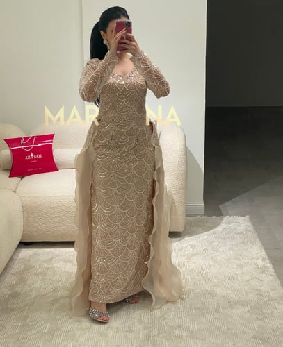 فستان اسلين (فستان كلفه شك.مطرز مع ذيل كسرات جزار)