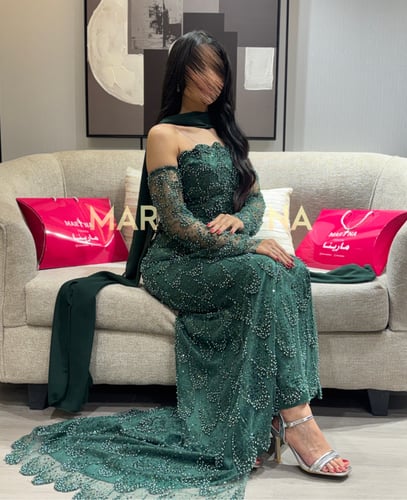 فستان اميار (فستان زيتي كلفه شك سهره اكمام منفصله...