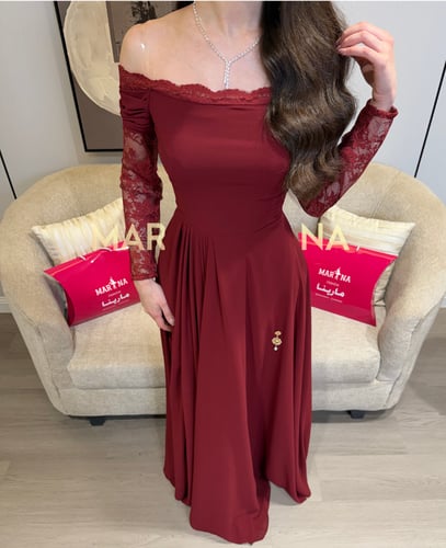 فستان ميمي (فستان برغندي جورجيت اكمام دانتيل فرنسي...