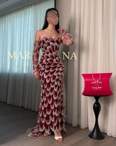 فستان اميار العنابي (فستان عنابي شك سهره اكمام منف...