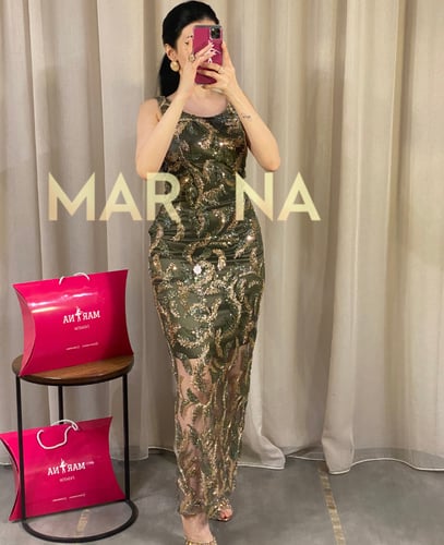 فستان ارينا (فستان تطريز قطعه كامله زيتي مع ذهبي)