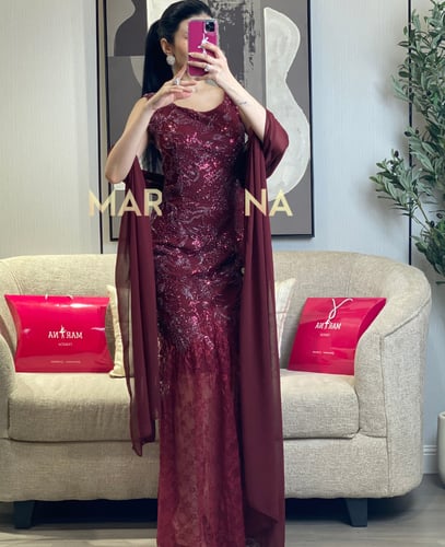 فستان ميلا (فستان برغندي شك سهره دانتيل فرنسي وشال...