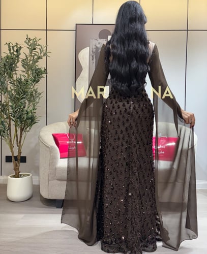 فستان روفا (فستان موكا كلفه شك اكمام جورجيت طويله)