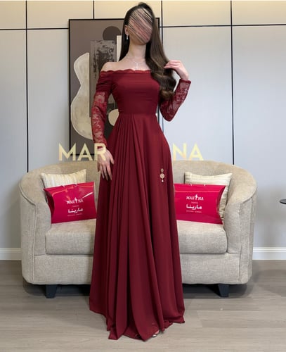 فستان ميمي (فستان برغندي جورجيت اكمام دانتيل فرنسي...