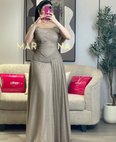 فستان ريما البيج (فستان لمعه بوليسيه خصر)