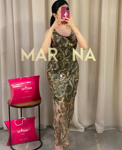 فستان ارينا (فستان تطريز قطعه كامله زيتي مع ذهبي)