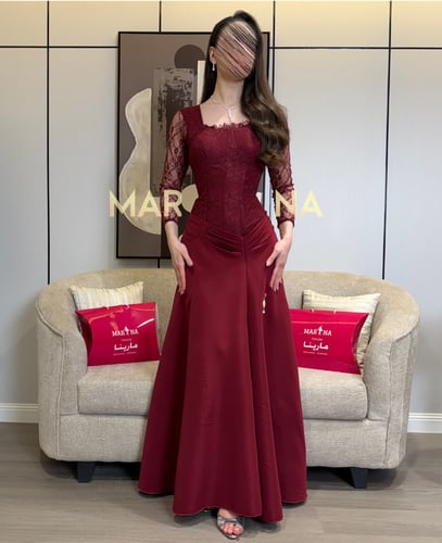 (فستان بيسو (فستان برغندي صدريه دانتيل فرنسي وبارب...