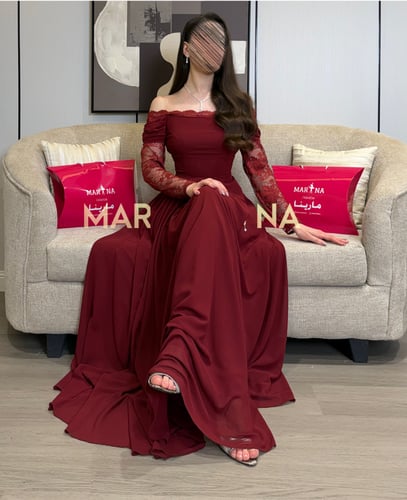 فستان ميمي (فستان برغندي جورجيت اكمام دانتيل فرنسي...