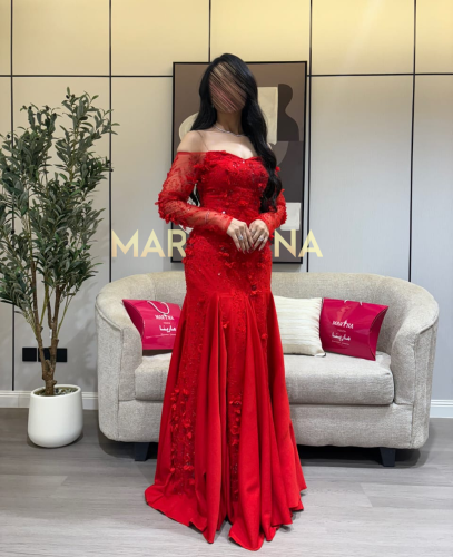 فستان مارتيا الاحمر (فستان احمر شك مزين بالورود تد...