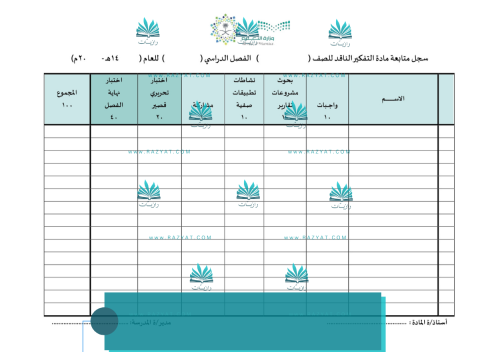 سجل متابعة درجات مادة التفكير الناقد للمرحلة الثان...