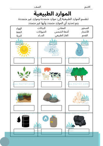 ورقة عمل (نشاط) الموارد الطبيعية