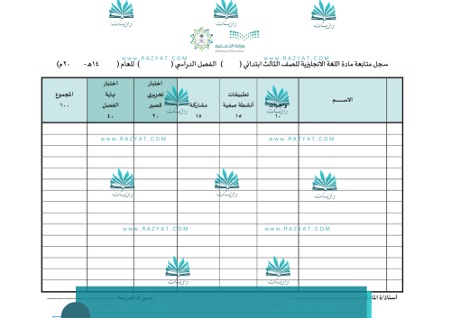 سجل متابعة درجات اللغة الانجليزية