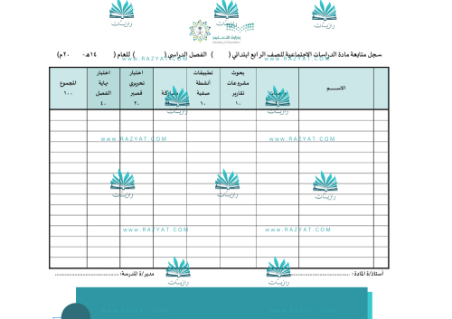 سجل متابعة درجات الدراسات الاجتماعية