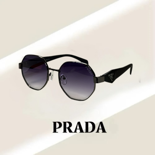 نظارة برادا باللون الاسود والفضي الغامق بإطار دائر...