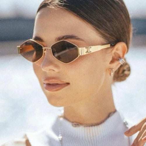 نظارة سيلين باللون الذهبي سداسي عدسة باللون البني