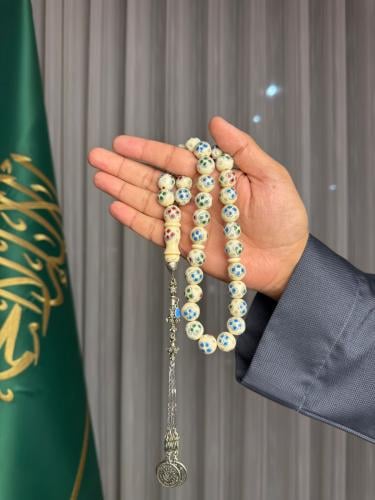 مسباح عاج فيل (فنتج) مطعم بالفيروز والعقيق والفضة