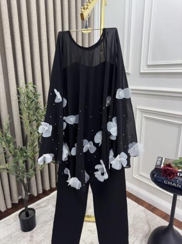 طقم أنثوي عصري – بلوزة أوراق ورد 3D وبنطال واسع لل...