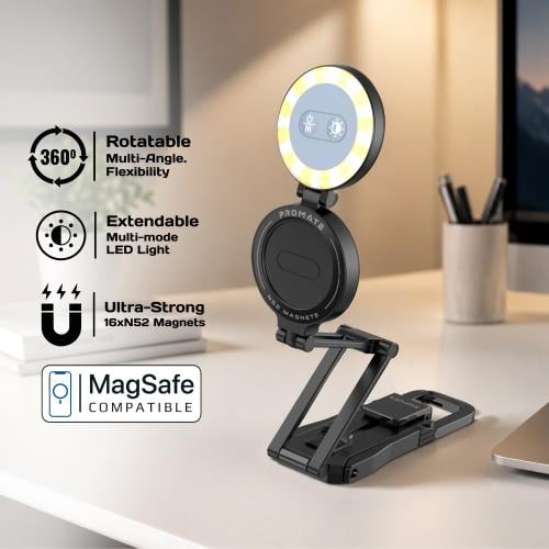 Axon-Ultra حامل هاتف مغناطيسي متعدد الاستخدامات بتصميم قابل للتعديل، يجمع بين حامل ثابت وعصا سيلفي وإضاءة LED في جهاز واحد. يتميز...