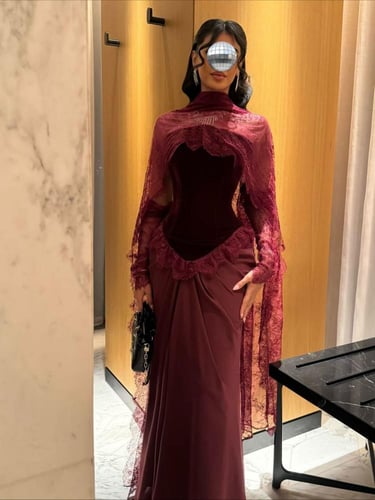 فستان سهرة برغندي دانتيل