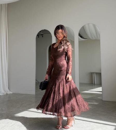 فستان موكا دانتيل فرنسي