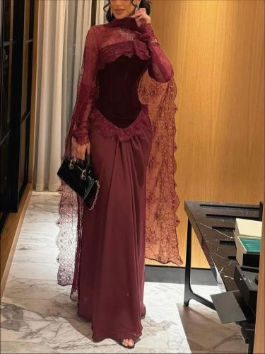 فستان سهرة برغندي دانتيل