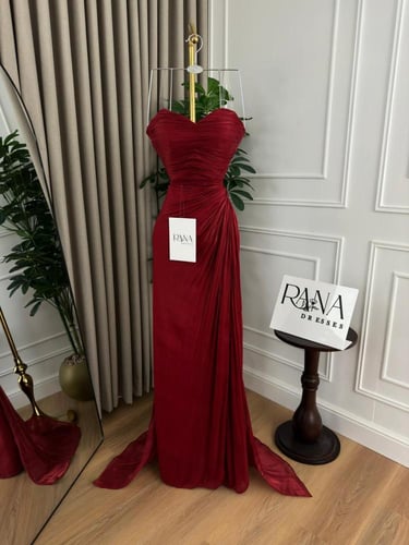 فستان سهرة أحمر ناعم شيفون مطوي جميل