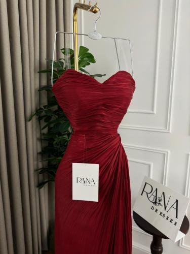 فستان سهرة أحمر ناعم شيفون مطوي جميل