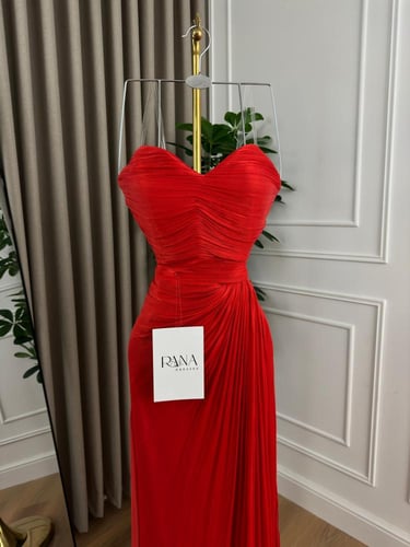 فستان سهرة أحمر ناعم شيفون مطوي جميل