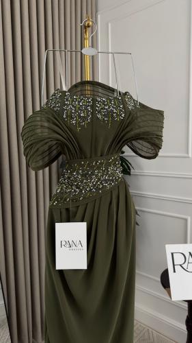 فستان زيتي مطرز بتصميم فخم