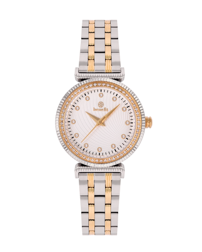 ساعة نسائية ماركة بنفيت فضي ذهبي مينا ابيض موديل B...