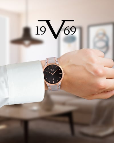 ساعة رجالية ماركة V19.69 فضي روز مينا اسود موديل V...