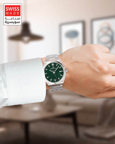 ساعة رجالية صناعة سويسرية ماركة دي كي فضي مينا أخض...