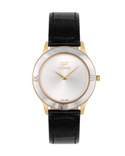 ساعة رجالية صناعة سويسرية ماركة جي اف فضي ذهبي جلد...