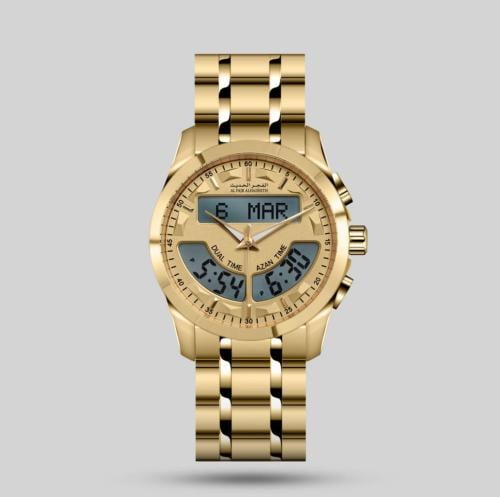 ساعة الفجر الحديث بتوقيتين حديد ذهبي كامل موديل AL...