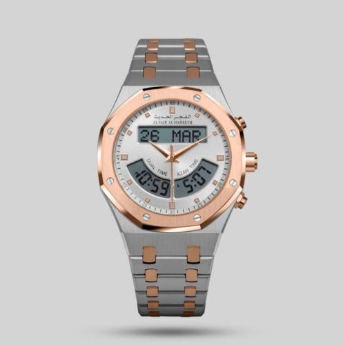 ساعة الفجر الحديث استيل نحاسي وفضي بتوقيتين AL333T...