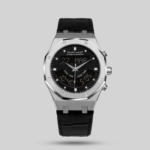 ساعة الفجر الحديث بتوقيتين جلد فضي موديل AL333SlB