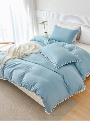 طقم غطاء لحاف بشرابة ملون بلون موحد بدون حشوة بالو...