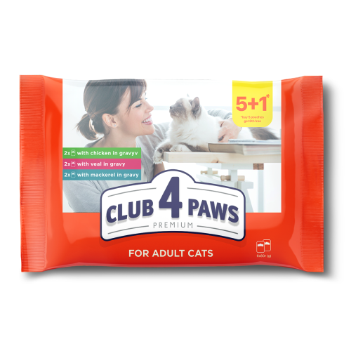 طعام رطب للقطط متنوع ( دجاج – لحم عجل – ماكريل ) مع المرق 6 أكياس * 80جرام | club 4 paws