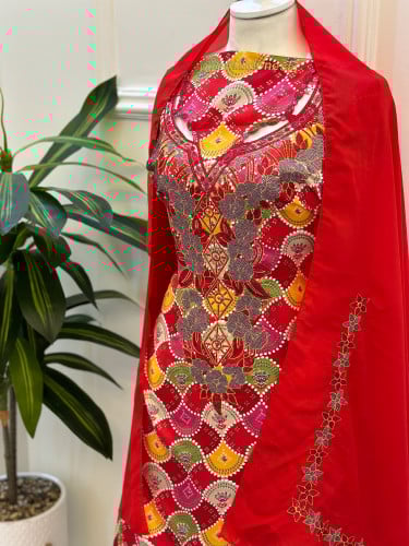 مخور حرير متروس فصوص اندونسي ناعم مع طرحة مطرزة