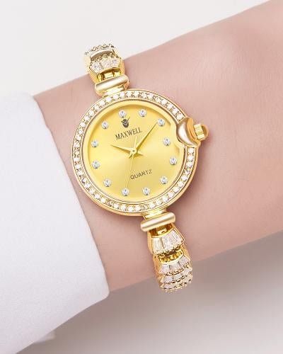 ساعة ذهبية فاخرة مرصعة بالزركون للنساء